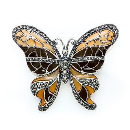 Brown and Yellow Enamel & Marcasite Butterfly Pin - Click Image to Close